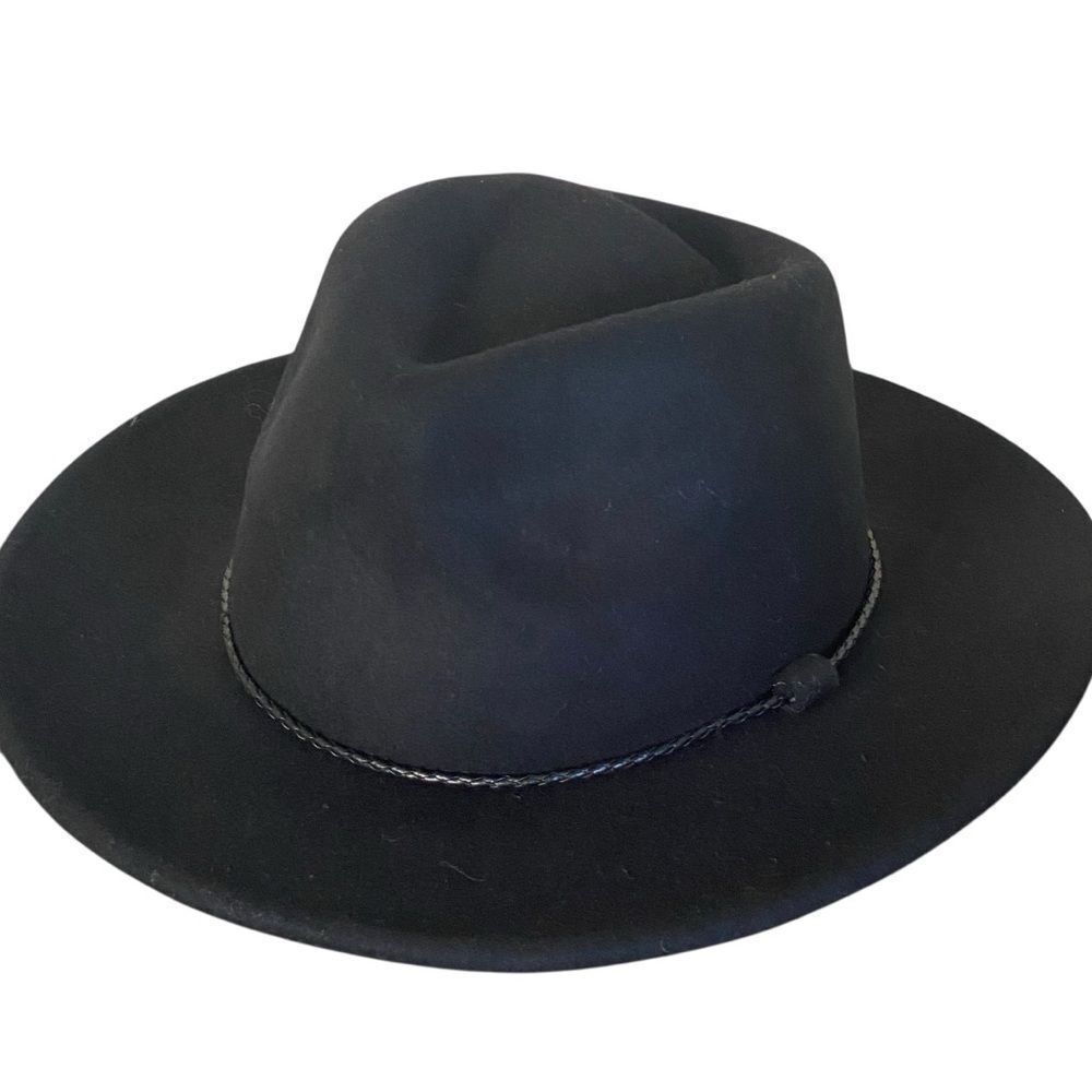 Black Wide Brim Braided Faux Leather Band Fedora Hat NWT